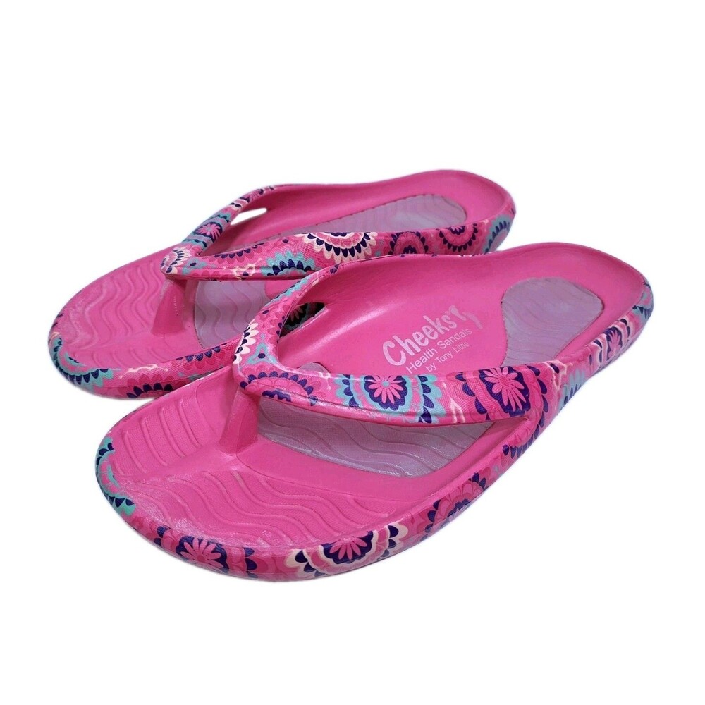 Cheeks Health Sandals Tony Little Size 8 Pink Floral Thong Flip Flops Multicolor